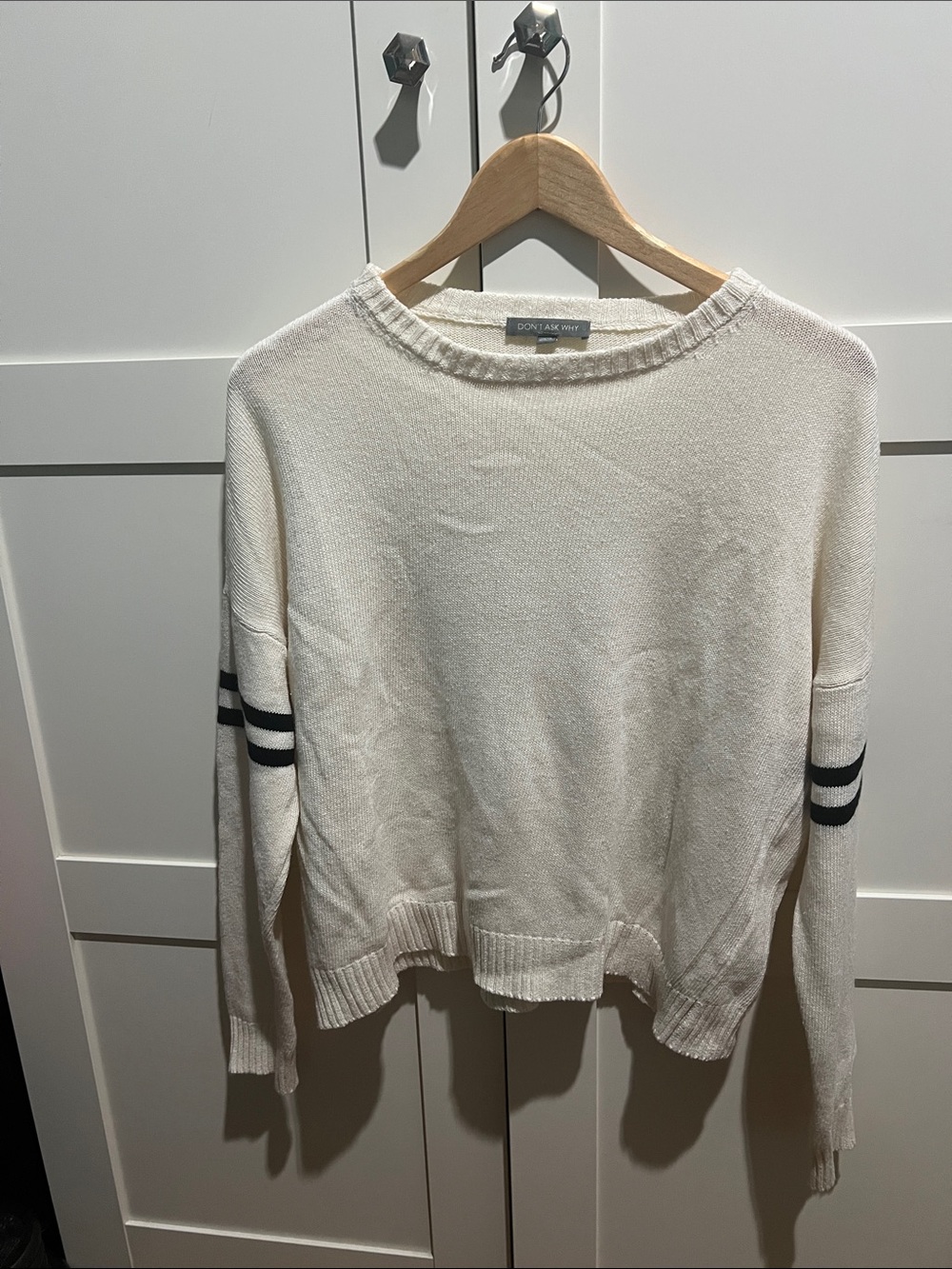 DONNI Cream Crewneck Sweater with Black Sleeve Stripes